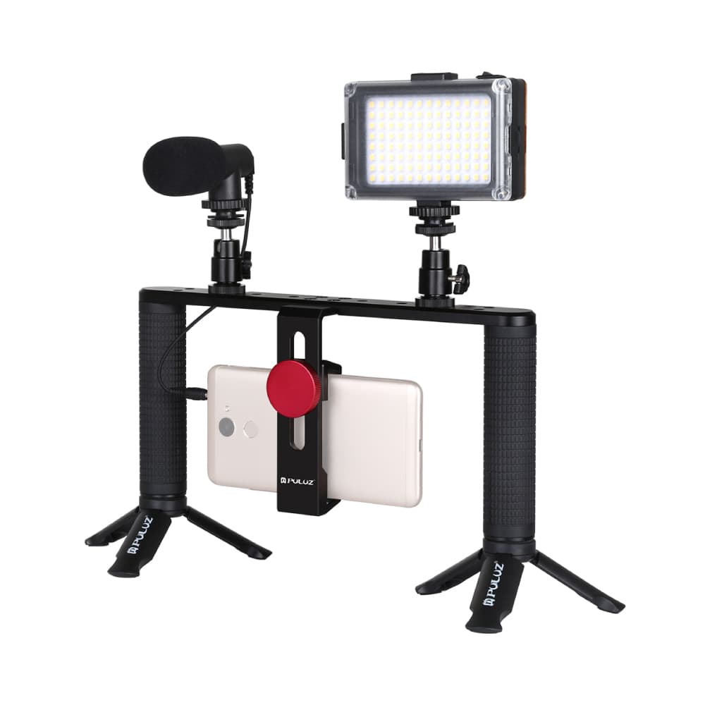 PULUZ 4 in 1 Vlogging Live Broadcast LED Selfie Light Smartphone Video Rig Handle Stabilizer Aluminum Bracket Kits with Microphone + Tripod Mount + Cold Shoe Tripod Head
