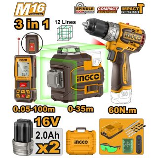 Trapan Me Goditje CIDLI16682 Combo Kit 3Ne1 2 Bateri 2.0Ah 60Nm Nivelues Lazer 0-35m Mates Distance Lazer 0-100m COSLI250101 3D 16V
