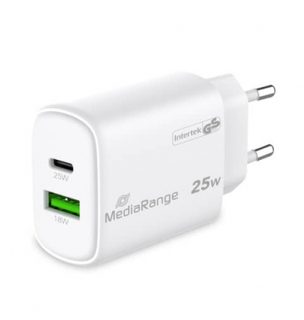 Mediarange GaN Fast Charger USB-A USB-C Dual Port White 25W