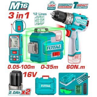 Nivelues Me Lazer TOSLI250101 Combo Kit 3Ne1 2 Bateri 2.0Ah Trapan Goditje 60Nm 0-35m 3D 16V