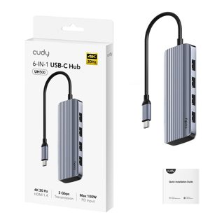 Cudy UH500 6-in-1 USB-C Hub 4K@30Hz HDMI 4× USB-A PD Space Gray 100W
