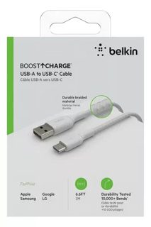 Cable Belkin BoostCharge CAB002BT2MWH USB-A USB-A To USB-C 2m Braided White