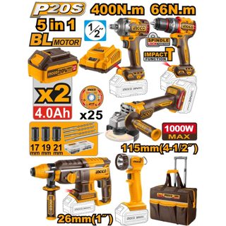 Trapan Me Goditje CIDLI206681 Combo Kit 5Ne1 2 Bateri 4.0 Ah 66Nm Matrapik CRHLI20228 Gure Fleksibel CAGLI27153 P.Dadicekesh CIWLI20501 Ndricues CWLI2038+ Aksesore CKLI2059 20V